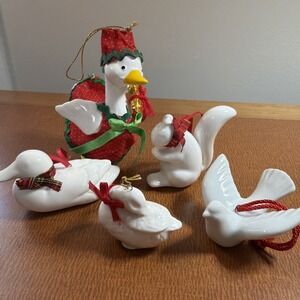 Vtg Lot 5 White Porcelain Christmas Ornaments: Goose, Duck, Dove, Squirrel Red